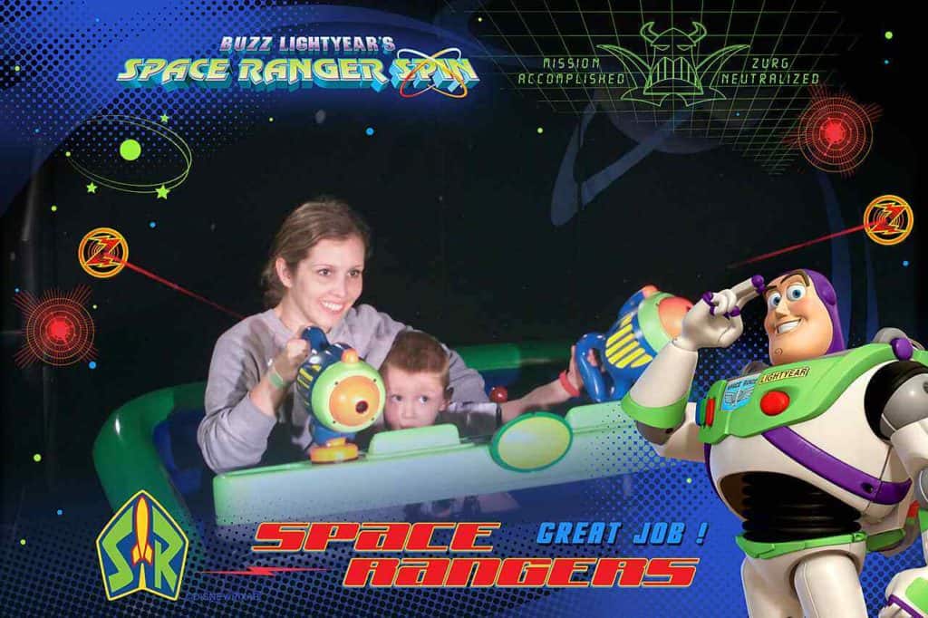 Toddler on Buzz Lightyear at Magic Kingdom