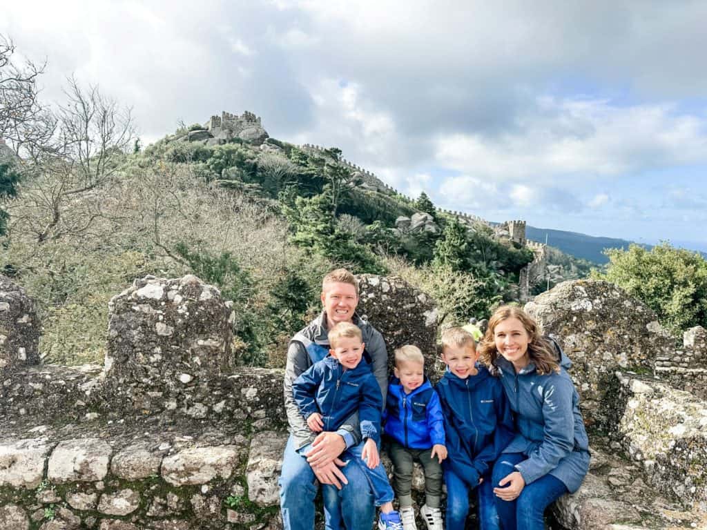 Family of 5 at the Moorish Castle in Sintra, Portugal itinerary with kids