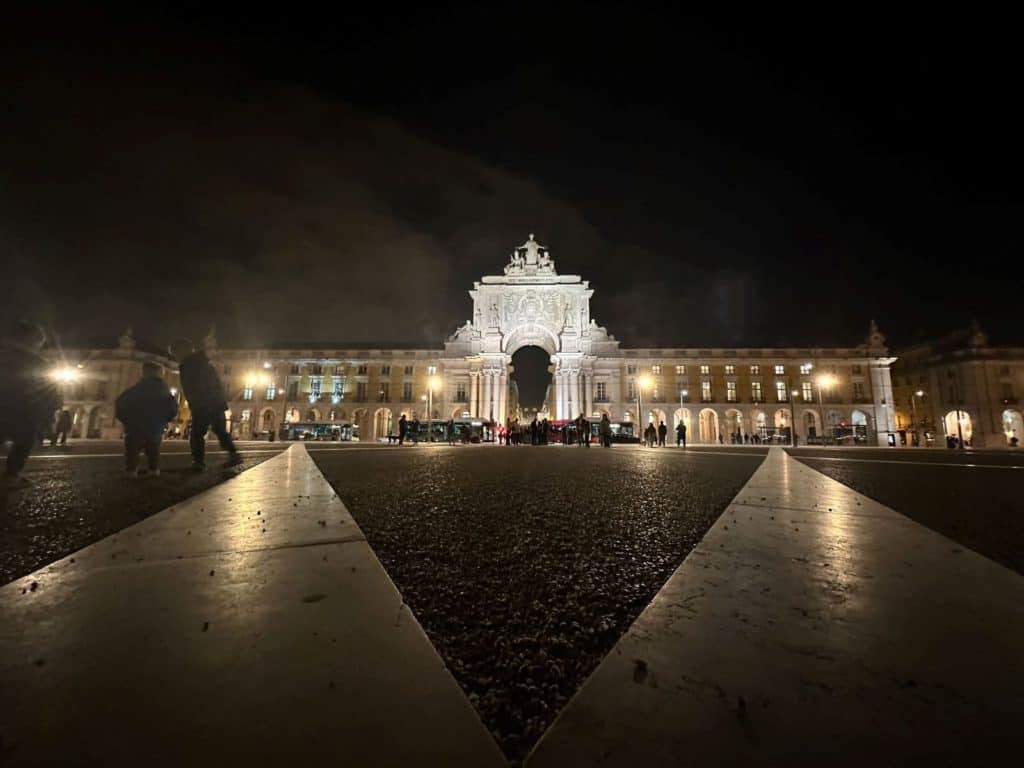 Commerce Square at night in Lisbon, Portugal