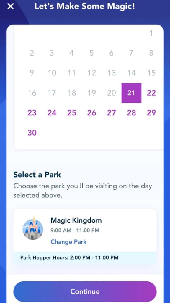 Choosing your date and park when setting up Disney Genie on the My Disney Experience app