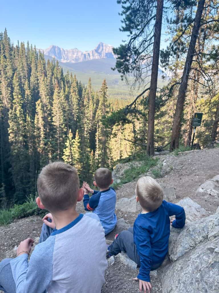 3 brothers looking out at Castle Mountain from Silverton Falls hike in Banff